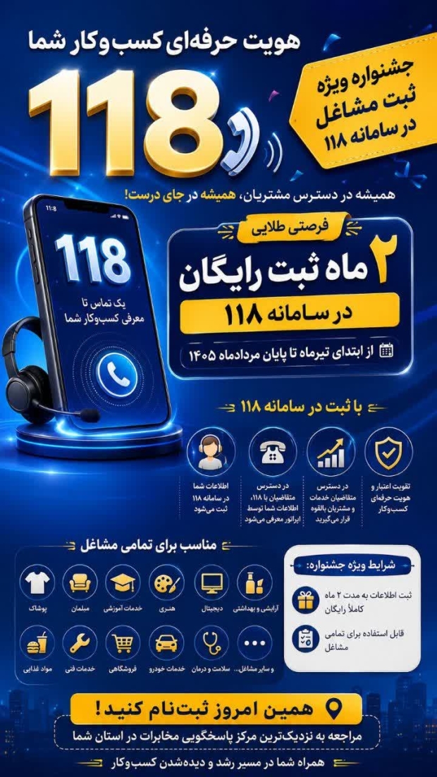 جشنواره ثبت رایگان مشاغل در ۱۱۸؛ فرصت دیدهشدن برای کسبوکارها جشنواره ثبت رایگان مشاغل در ۱۱۸؛ فرصت دیدهشدن برای کسبوکارها